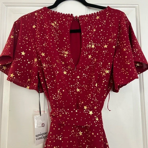 Unique Vintage Red and Gold Starry Midi Dress - Picture 7 of 9